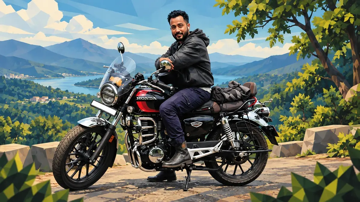 Aashish Pandey, Project Manager in Bangalore, on his black Honda H’ness 350 at a viewpoint above a lake and hills