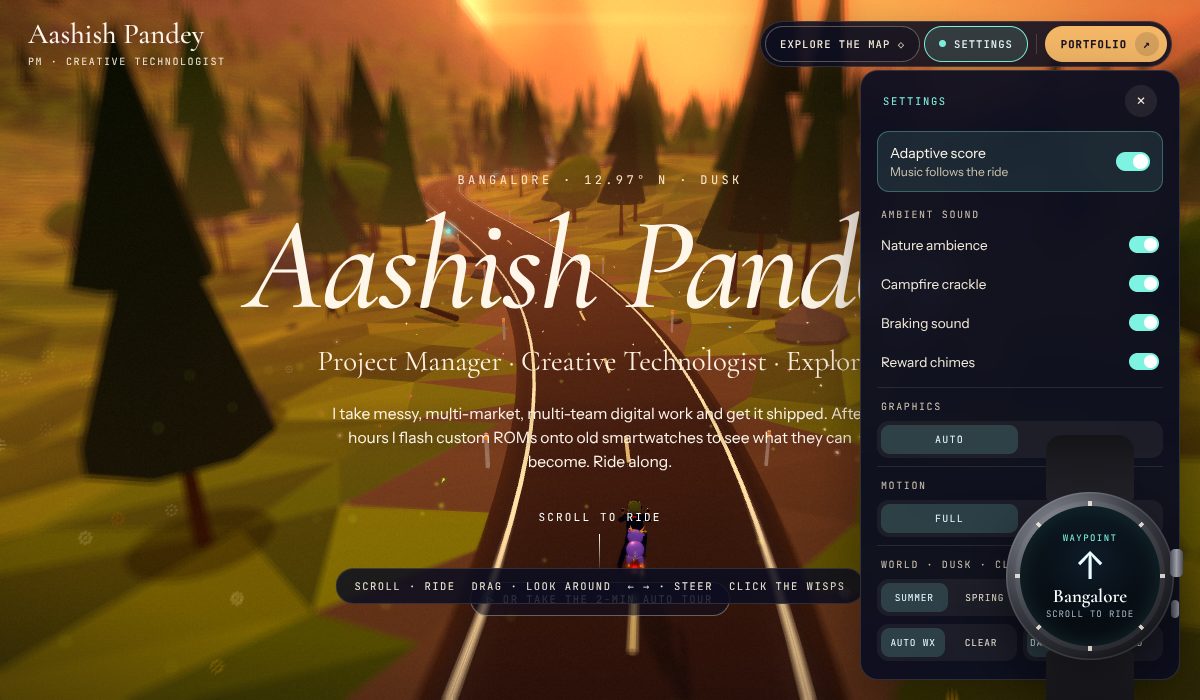 Settings panel in Aashish Pandey’s 3D portfolio: adaptive score, ambient sound and graphics options