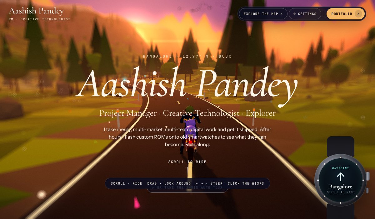 Opening shot of Aashish Pandey’s 3D portfolio ride on aashishpandey.com: dusk over the highway out of Bangalore
