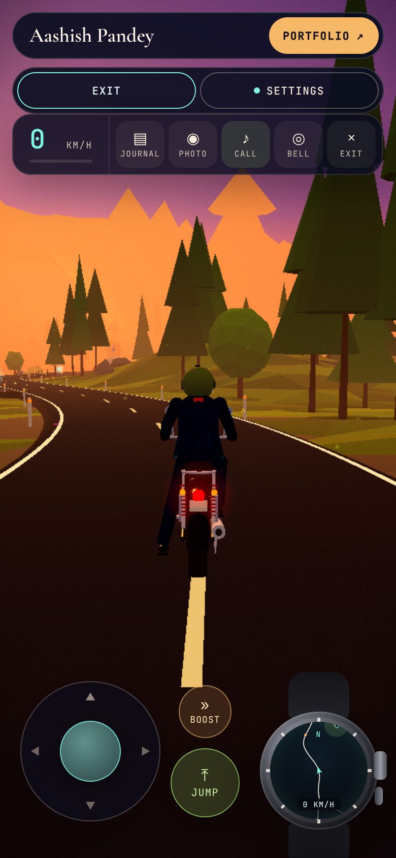 Explore mode in Aashish Pandey’s 3D portfolio on a phone, with a thumb joystick and a jump button