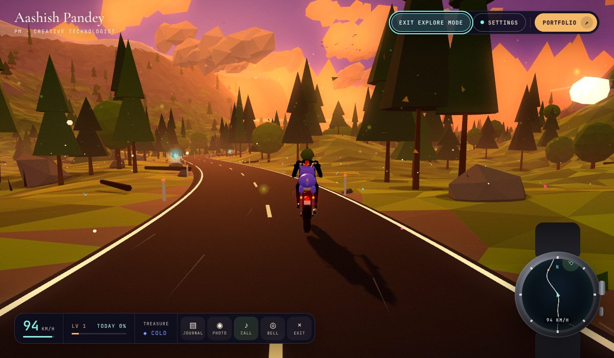 Explore mode in Aashish Pandey’s 3D portfolio: speed HUD, throttle, steer, jump and treasure hunt on aashishpandey.com