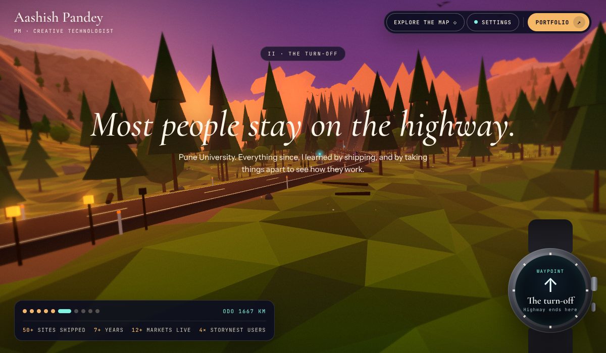 The turn-off stop in Aashish Pandey’s 3D portfolio, where the highway ends and the forest trail begins