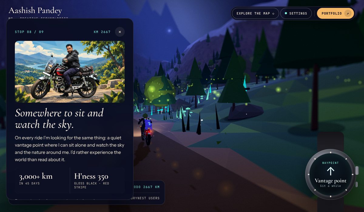 The vantage point stop above the lake in Aashish Pandey’s 3D portfolio ride