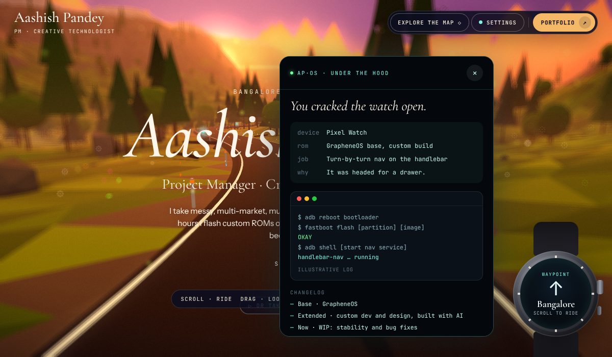 The smartwatch easter egg in Aashish Pandey’s 3D portfolio, opened by tapping the watch face five times
