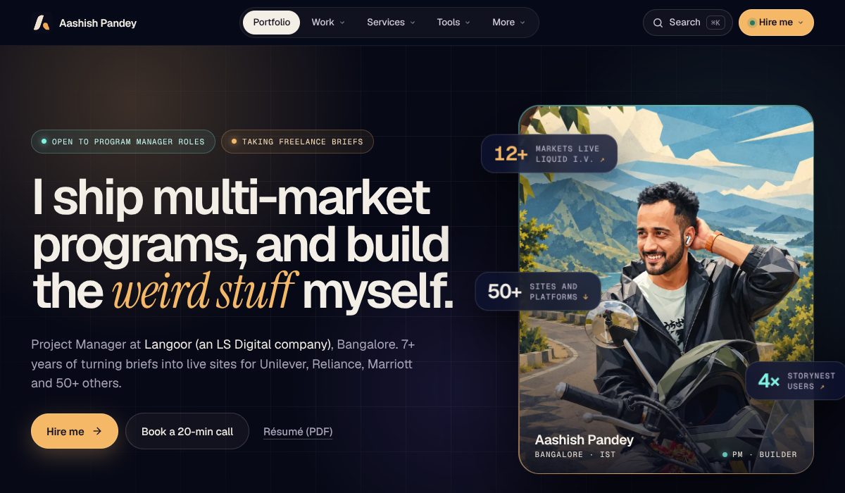 The plain portfolio page of Aashish Pandey, project manager: the recruiter shortcut from the 3D ride
