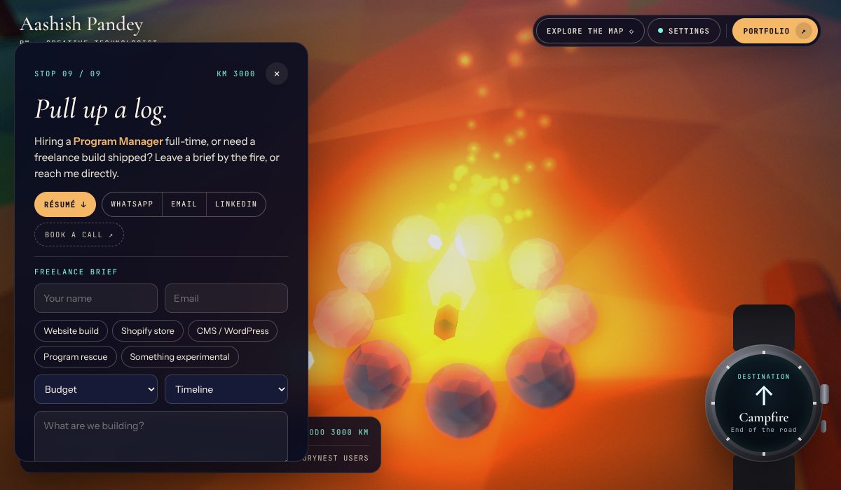 The campfire stop at the end of Aashish Pandey’s 3D portfolio ride: résumé, contact and a freelance brief form
