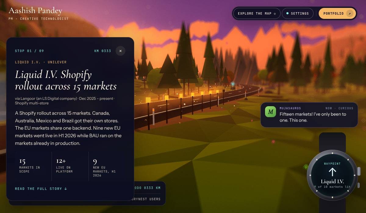 Liquid I.V. stop in Aashish Pandey’s 3D portfolio: lanterns along the road light up for each market launched