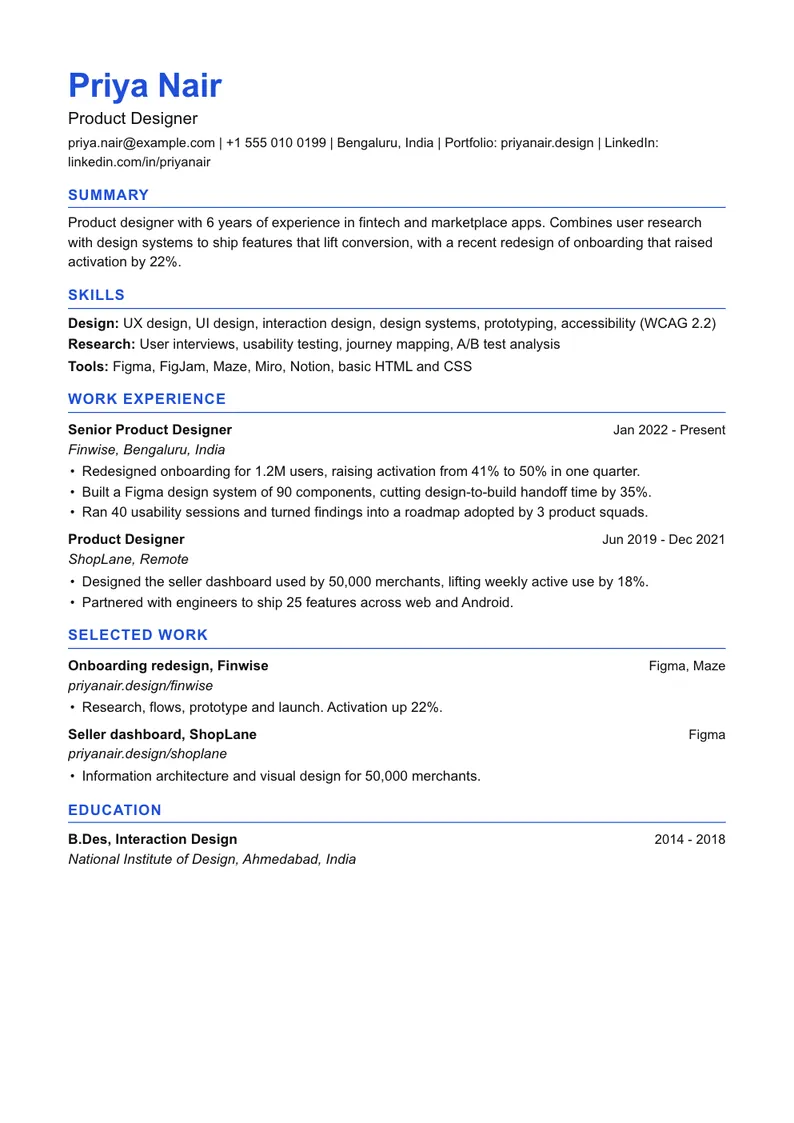 UX and UI designer resume example in the Modern template