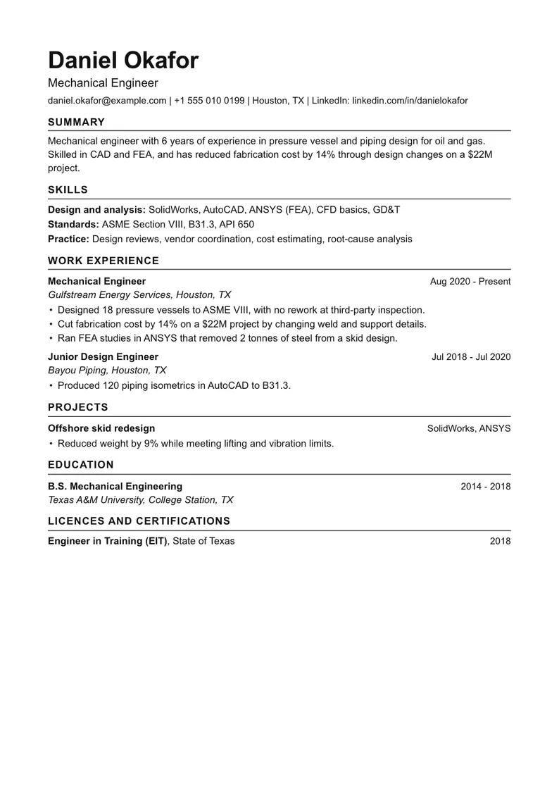 Mechanical engineer resume example in the Classic template