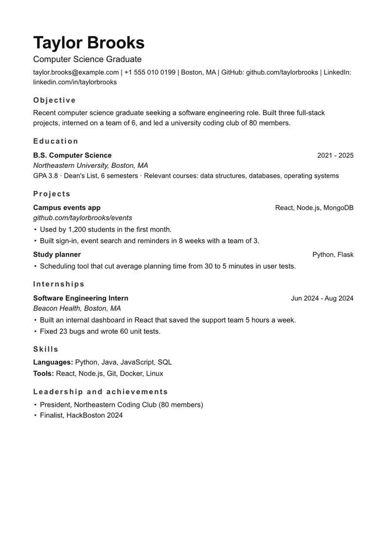 Graduate resume example in the Minimal template