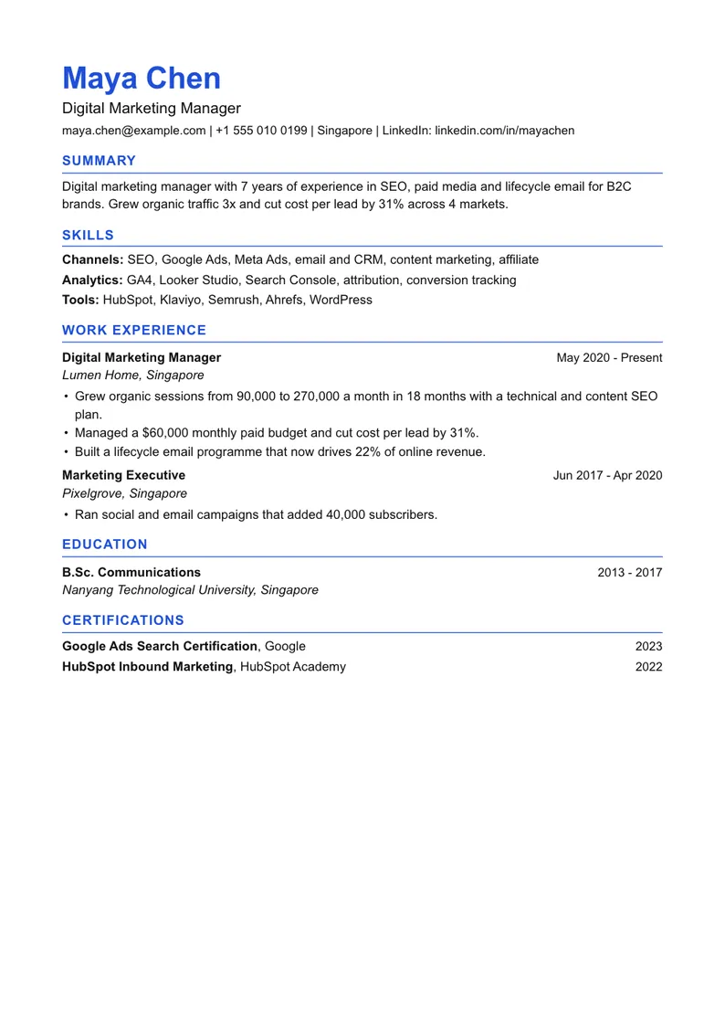 Marketing manager resume example in the Modern template