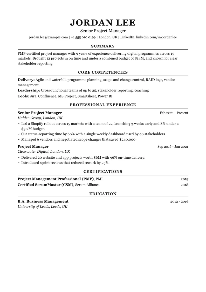 Project manager resume example in the Executive template