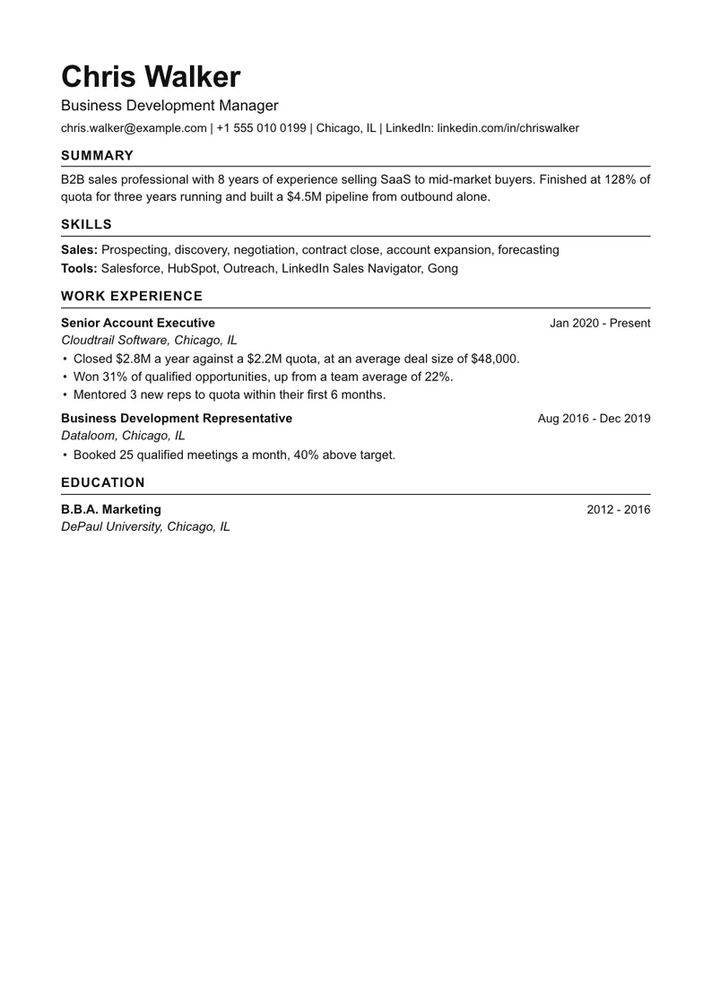 Sales manager resume example in the Classic template