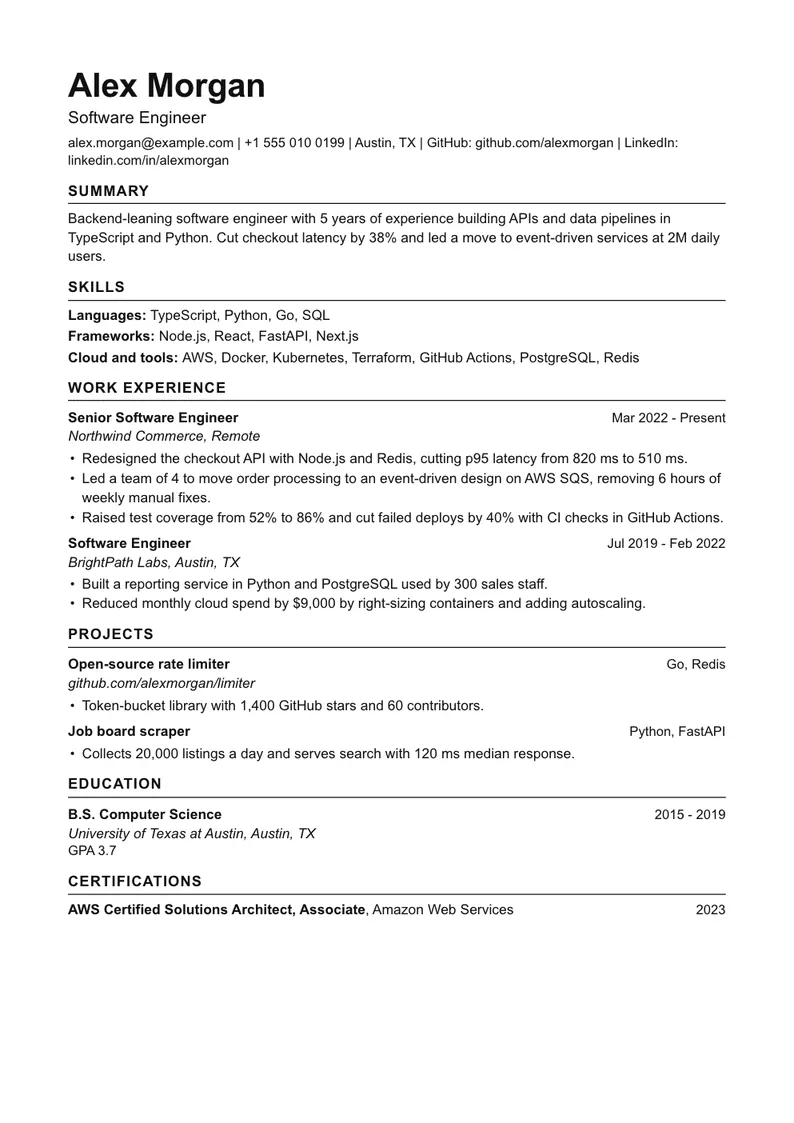 Software engineer resume example in the Classic template