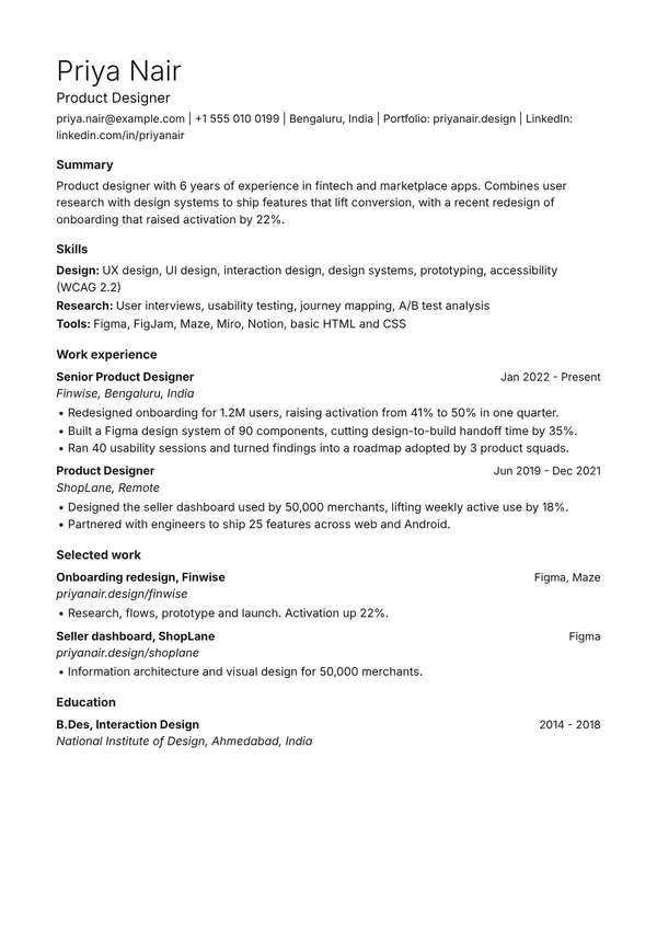 Apple Clean resume template, ATS highest, shown with a ux and ui designer example