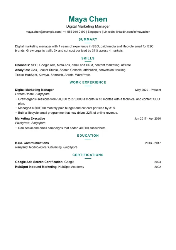 Balanced resume template, ATS high, shown with a marketing manager example