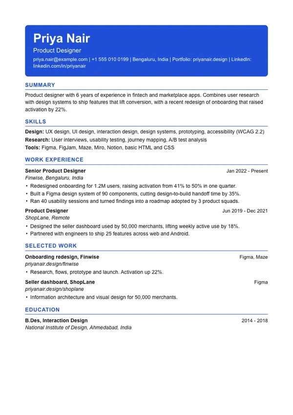 Banner resume template, ATS high, shown with a ux and ui designer example