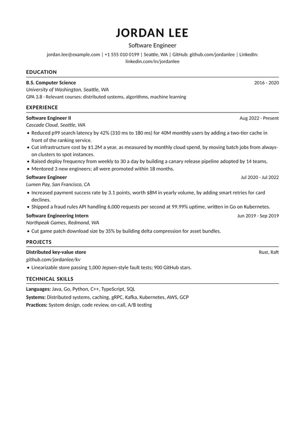 Big Tech resume template, ATS highest, shown with a big tech software engineer example