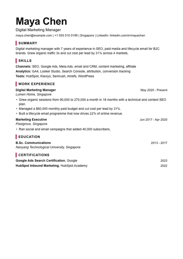 Bold resume template, ATS high, shown with a marketing manager example
