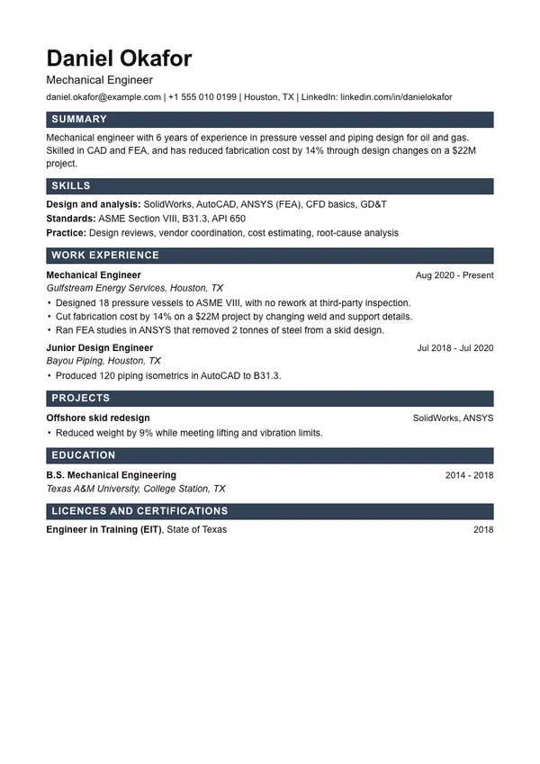 Boxed resume template, ATS high, shown with a mechanical engineer example