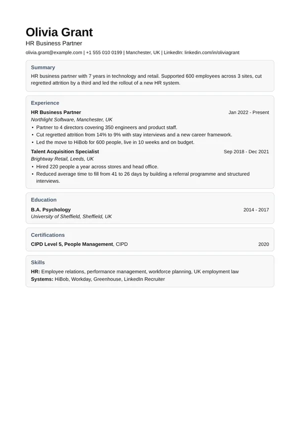 Cards resume template, ATS high, shown with a hr business partner example