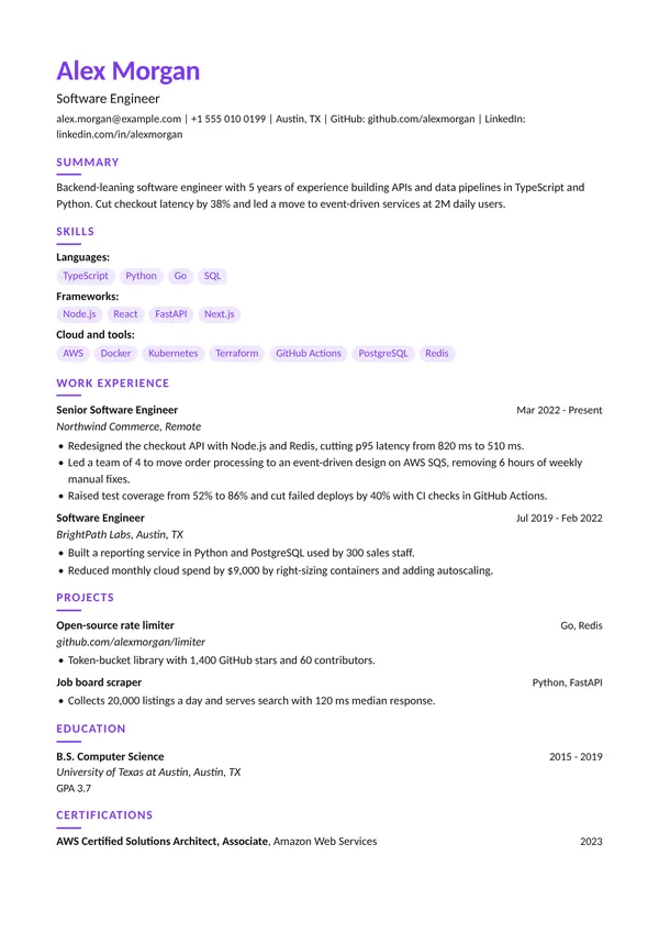 Skill Chips resume template, ATS high, shown with a software engineer example