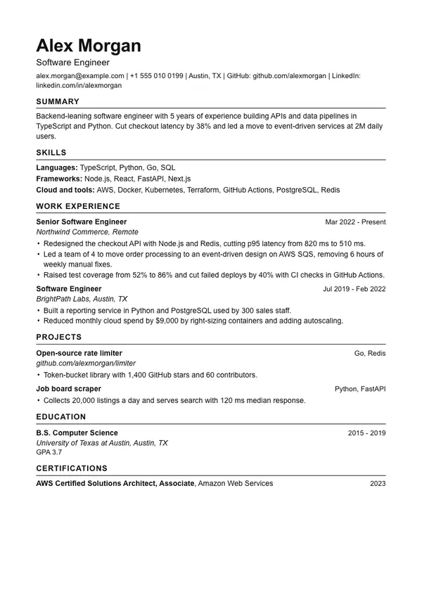Classic resume template, ATS highest, shown with a software engineer example