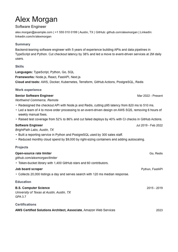 Clean resume template, ATS highest, shown with a software engineer example