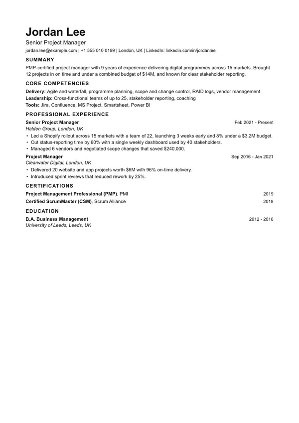 Compact resume template, ATS high, shown with a project manager example