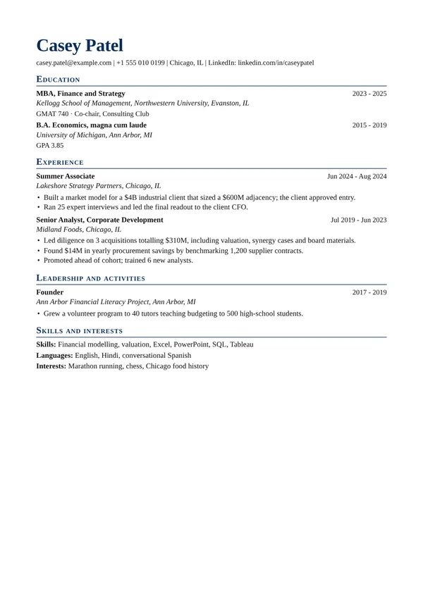 Consulting resume template, ATS highest, shown with a consulting and finance example