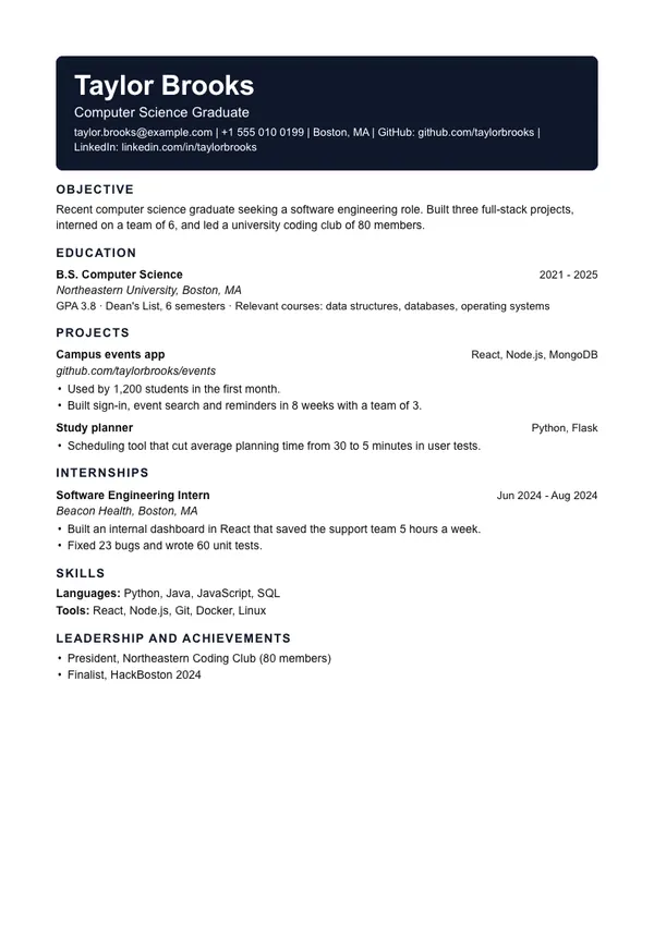 Corporate resume template, ATS high, shown with a graduate example