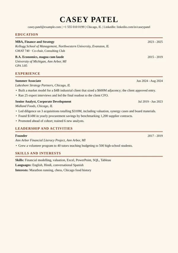 Cream Paper resume template, ATS high, shown with a consulting and finance example