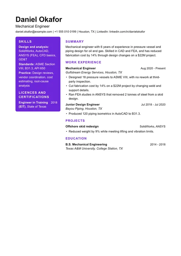 Creative resume template, ATS lower, shown with a mechanical engineer example