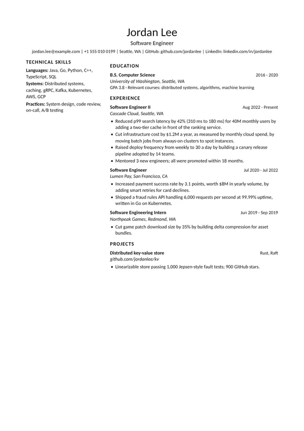 Two Column Tech resume template, ATS lower, shown with a big tech software engineer example