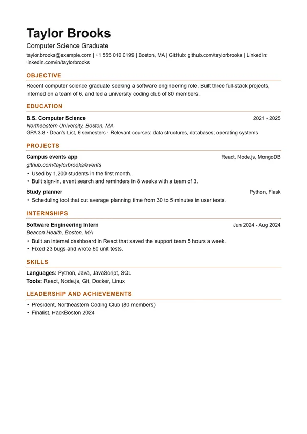 Dotted resume template, ATS highest, shown with a graduate example