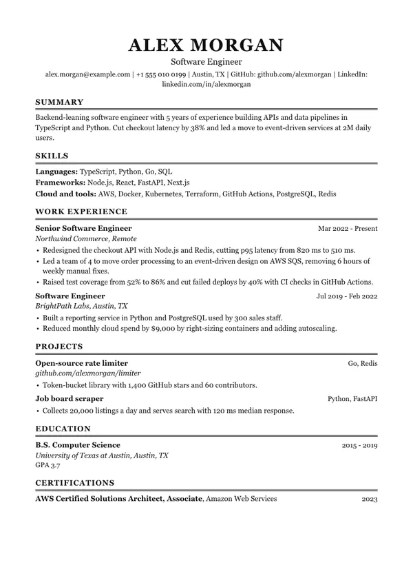 Double Rule resume template, ATS high, shown with a software engineer example