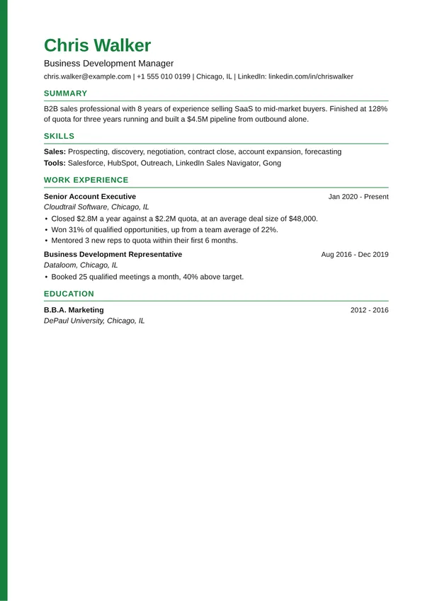 Edge resume template, ATS highest, shown with a sales manager example