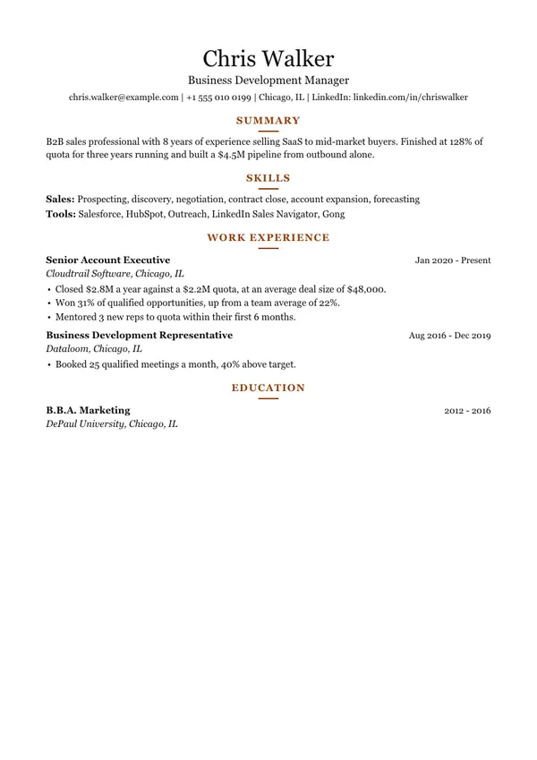 Elegant resume template, ATS high, shown with a sales manager example