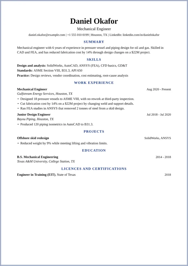 Framed resume template, ATS high, shown with a mechanical engineer example