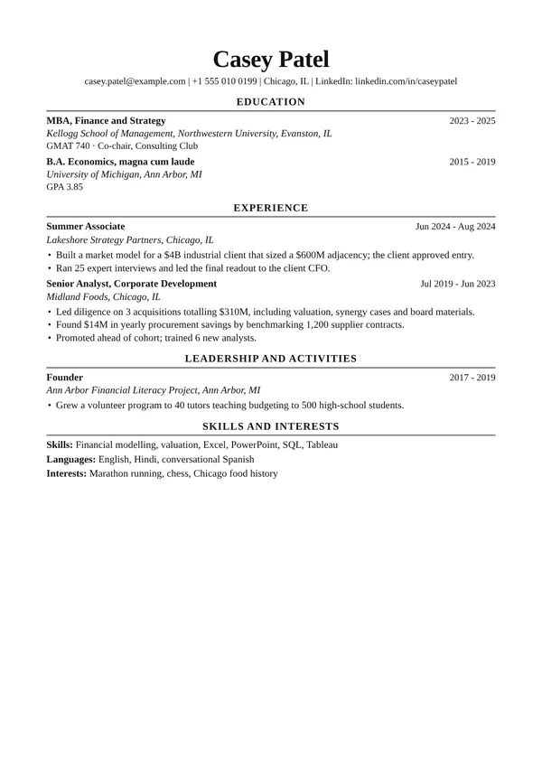 Ivy resume template, ATS highest, shown with a consulting and finance example