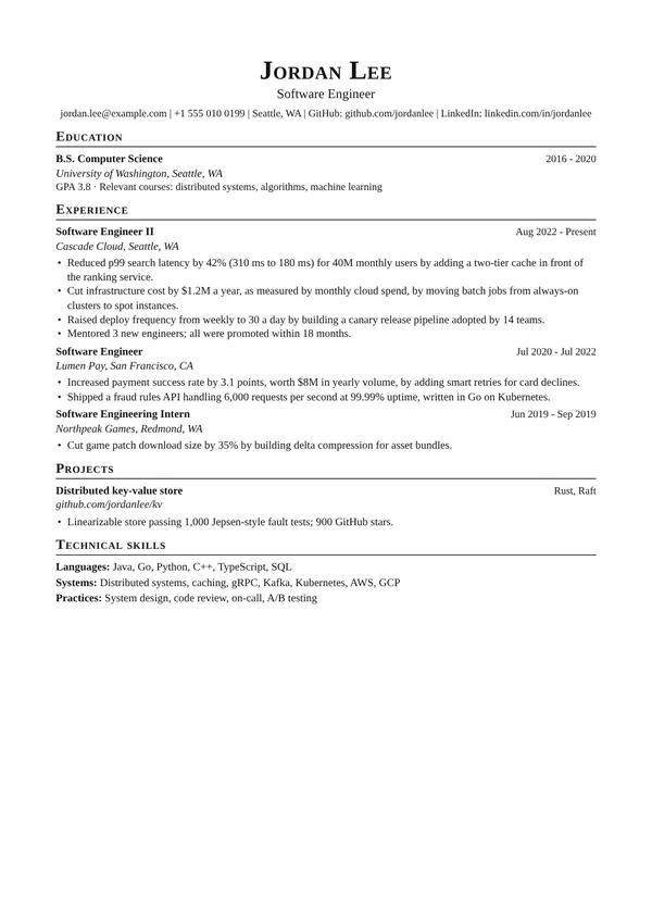 LaTeX Engineer resume template, ATS highest, shown with a big tech software engineer example