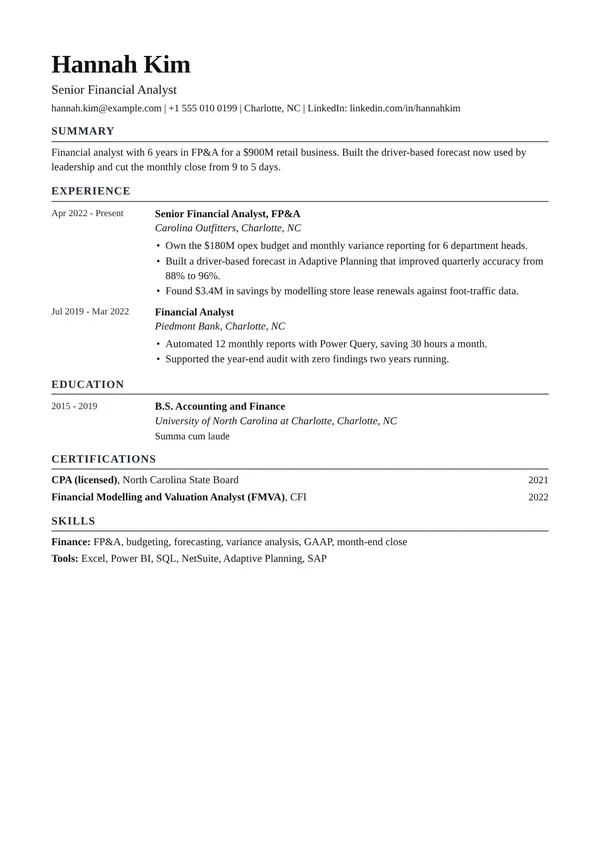 Ledger resume template, ATS high, shown with a financial analyst example