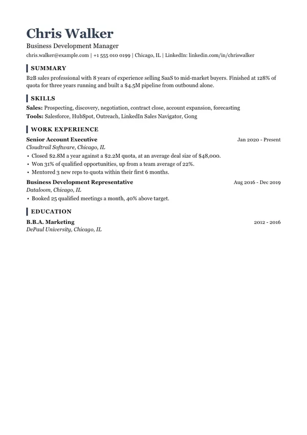 Left Bar resume template, ATS high, shown with a sales manager example