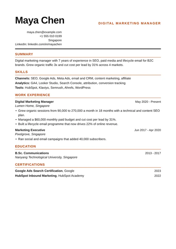 Magazine resume template, ATS high, shown with a marketing manager example