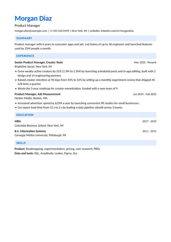 Meta Impact resume template, ATS high, shown with a big tech product manager example