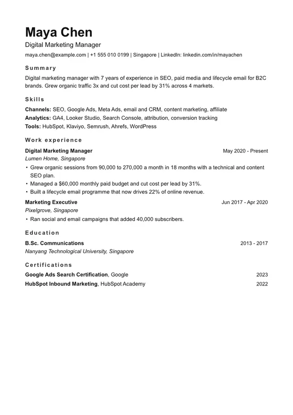 Minimal resume template, ATS highest, shown with a marketing manager example