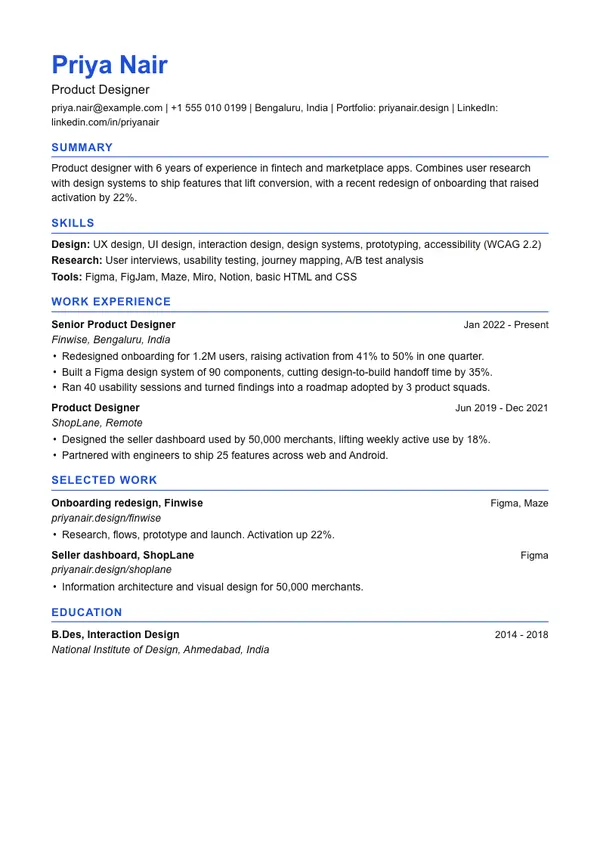 Modern resume template, ATS high, shown with a ux and ui designer example
