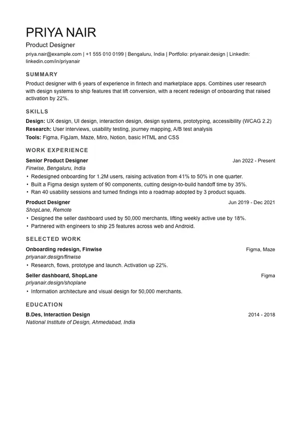 Monochrome resume template, ATS highest, shown with a ux and ui designer example