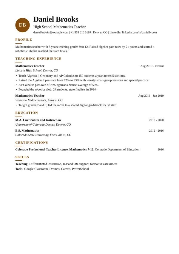 Monogram resume template, ATS high, shown with a teacher example