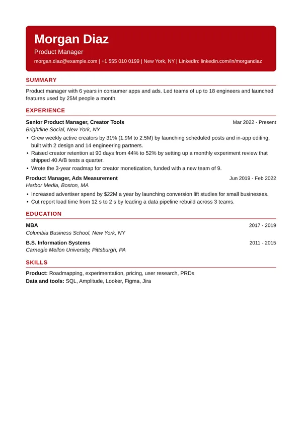 Netflix Senior resume template, ATS high, shown with a big tech product manager example